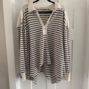 We The Free Free People All For You Polo Striped Waffle Knit Top Large BlK White
